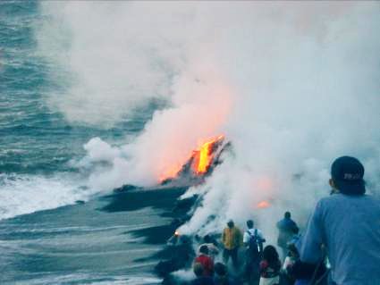 reunion island lava flowiing into the Indian Ocean